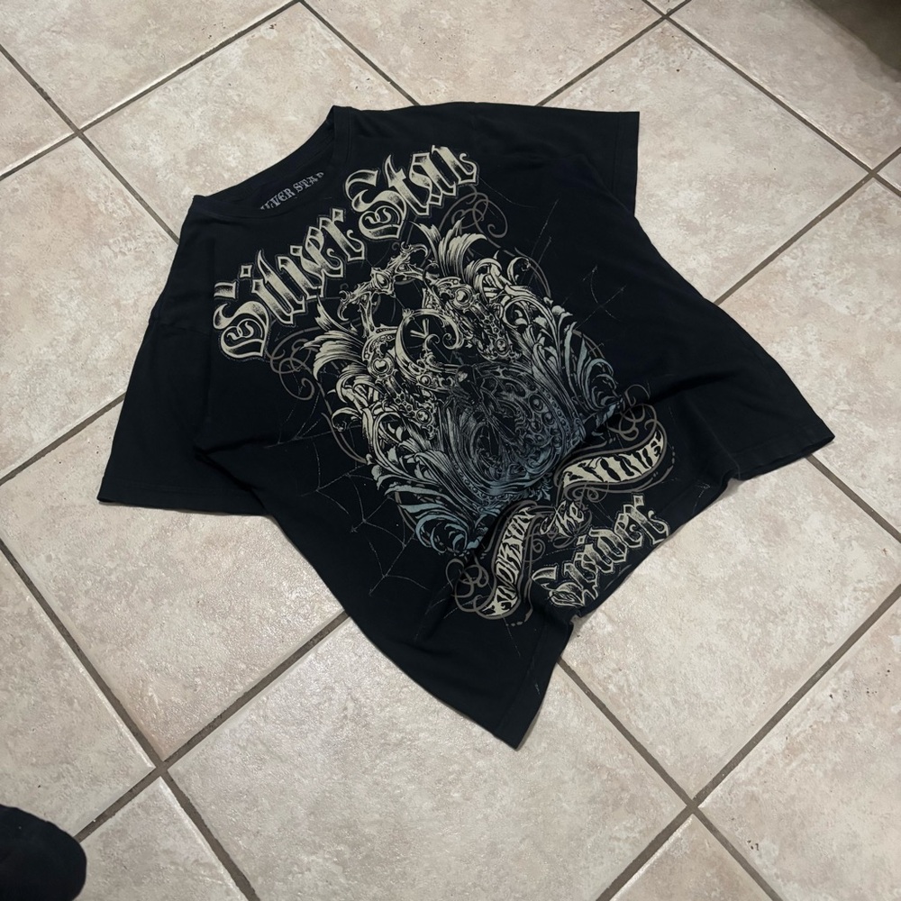 Vintage 2000s black and blue Affliction style Silver Star y2k grunge skater tee